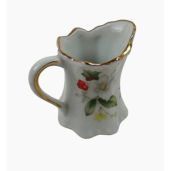 Vintage Porcelain Mini Creamer Sugar Set Floral Design Berries Leaves Gold Trim - Picture 6 of 10